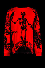 Oversized Red Cotton Sweatshirt With A Full Body Skeleton Print In Black Ink