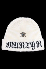 The Merino Wool Embroidered Ribbed Knit Ivory White Beanie