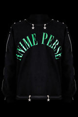 Black Turtleneck Sweatshirt With Bondage Zippers And Metal Hardware Green Sparkle Print On Chest Translates to "Lost Souls"