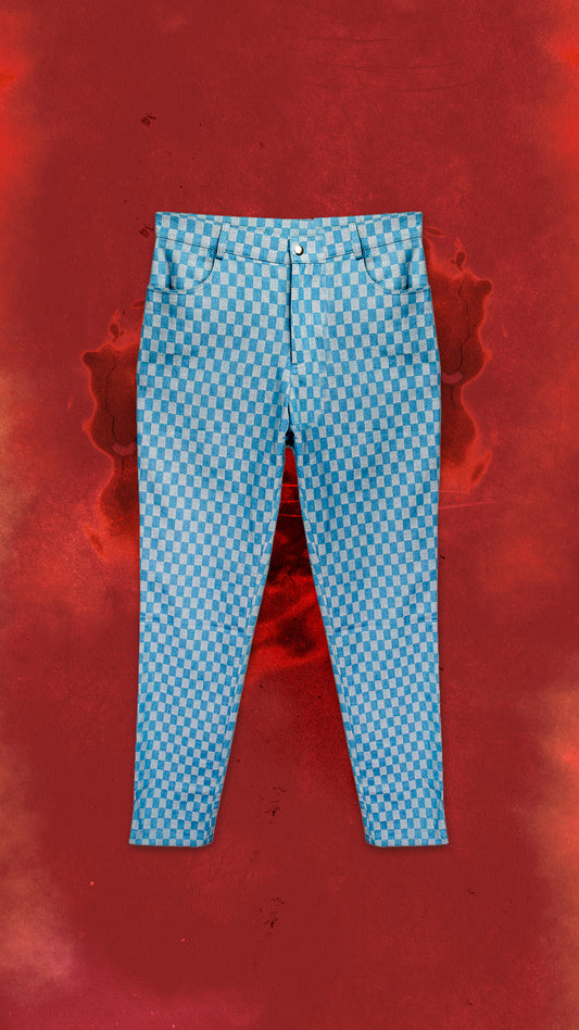 Blue Checkered Denim Jeans