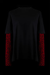 The Layered T-Shirt with Jacquard Knit Fitted Red Leopard Long Sleeves